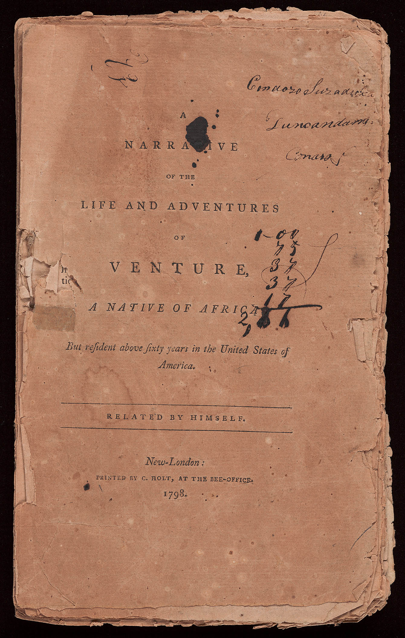 Title page of Venture Smith's narrative.