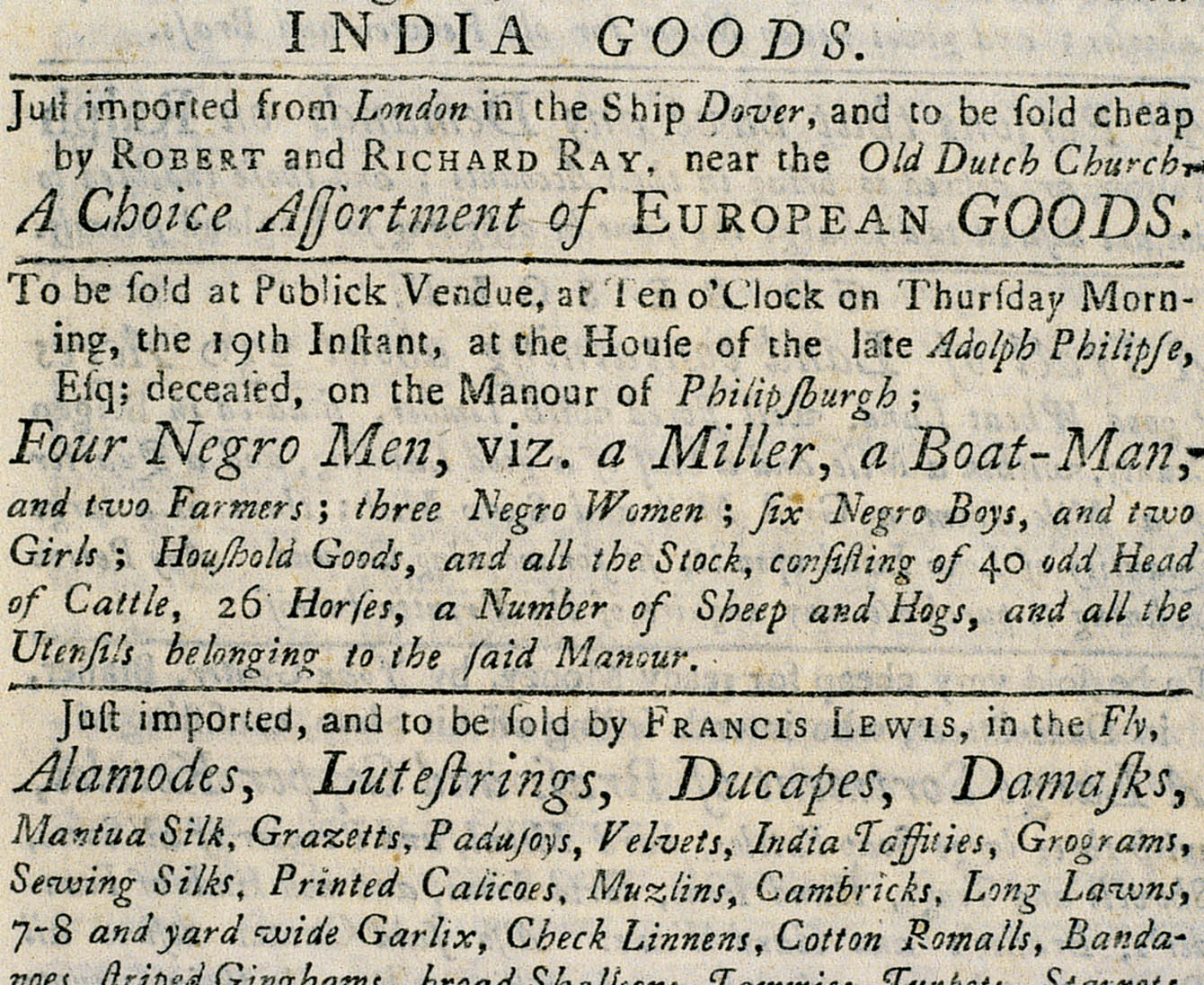 Advertisement for public auction at Philipsburg Manor