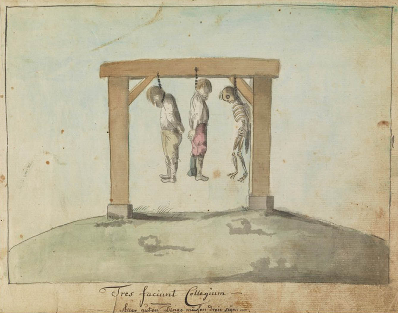 The bodies of two men and a skeleton hanging on a gallows.