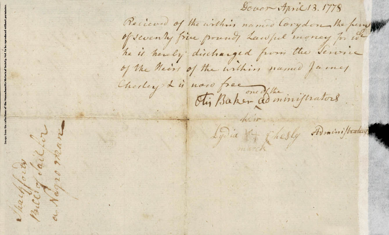 Receipt from William Shackford for sale of Corradan, verso