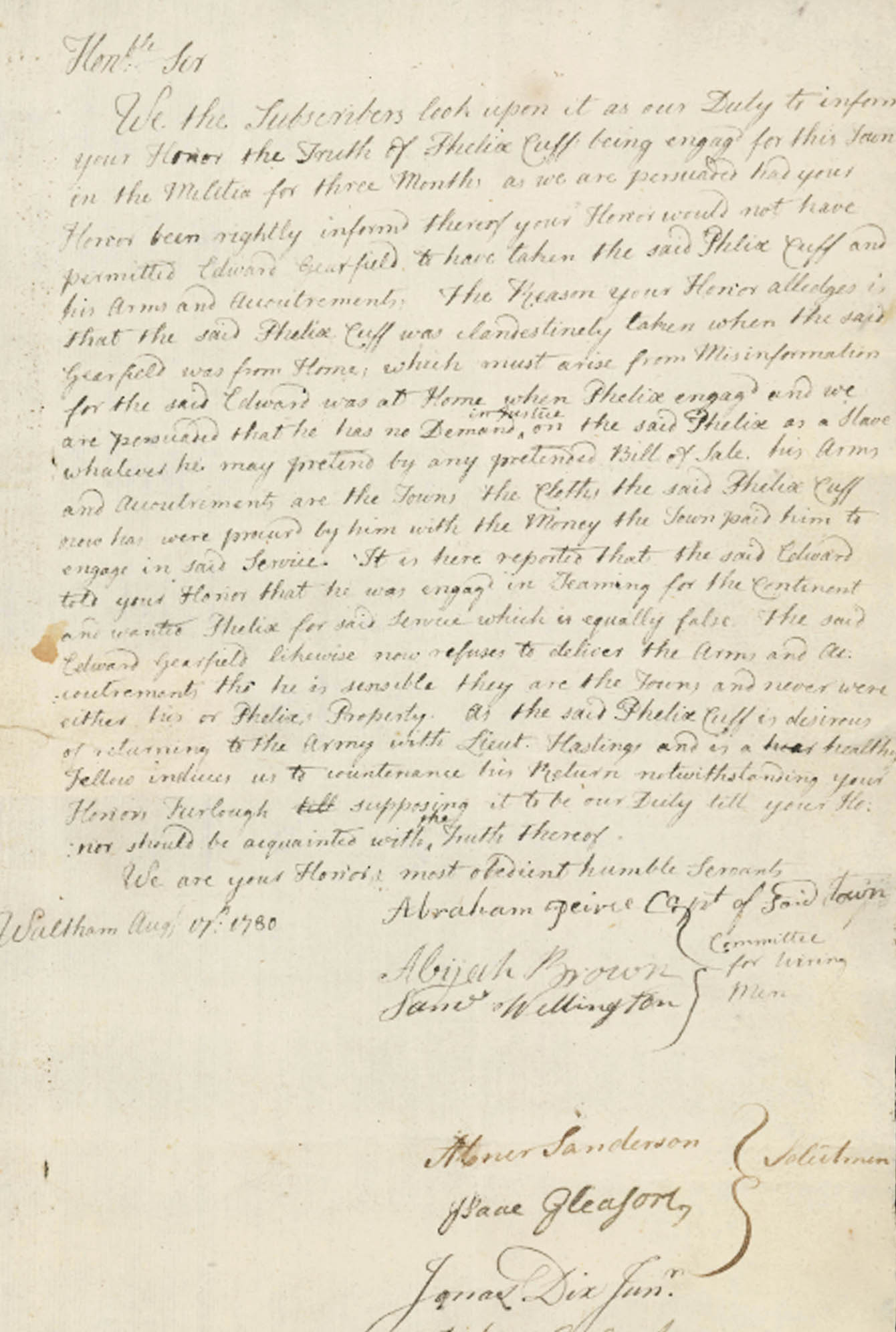 Letter regarding Phelix Cuff's service in the militia