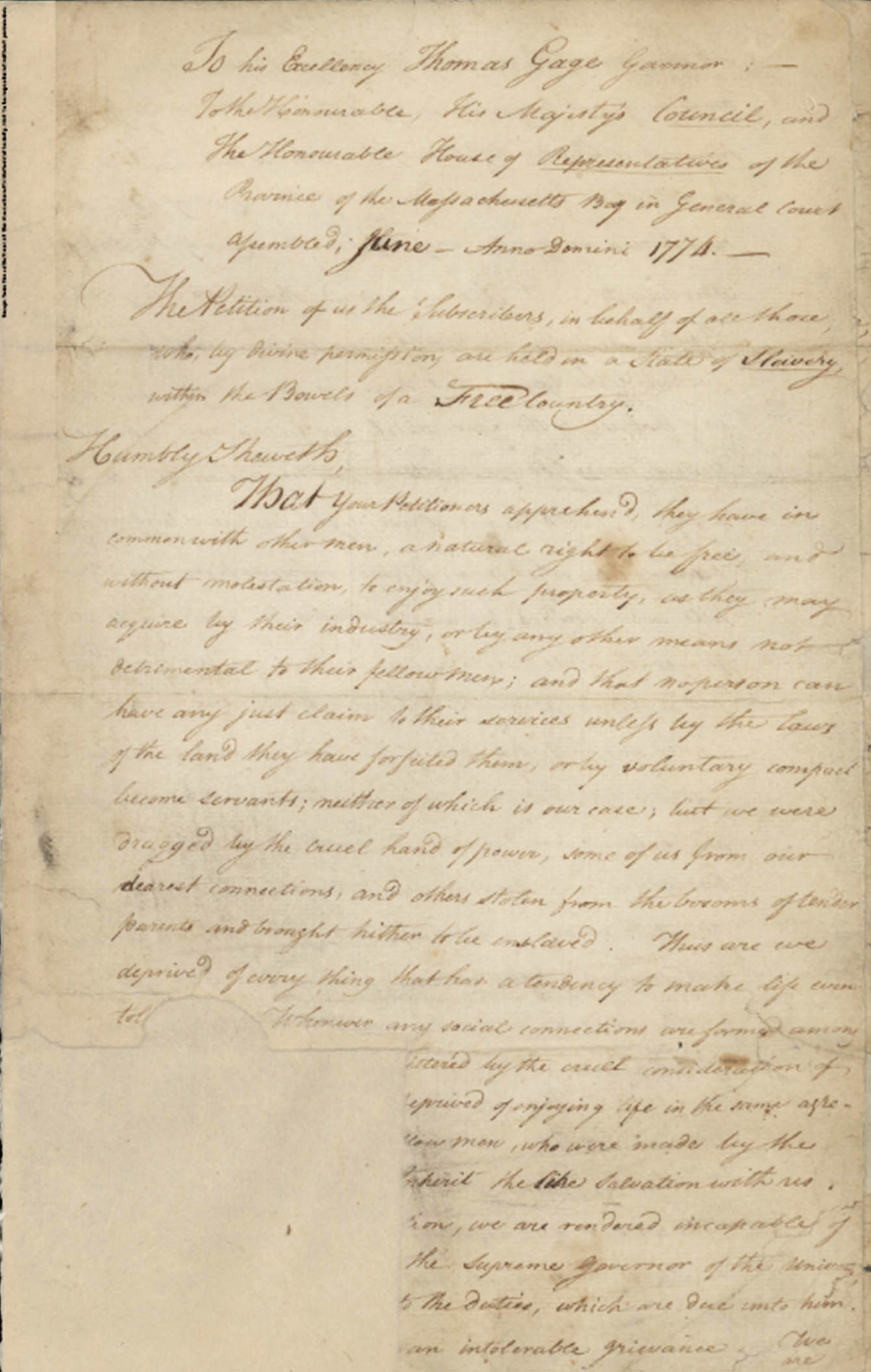 Petition for freedom to Massachusetts Governor Thomas Gage